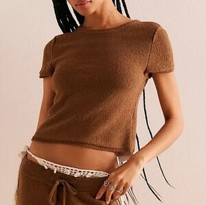 Free People FP Beach Julia Sweater Top Crop Length Short Sleeve Brown Large L